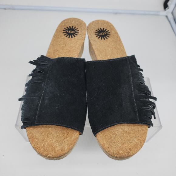 Ugg Sandals 8 Black Suede Leather Fringe Boho Peep Toe Wedges Mules Espadrille - Picture 4 of 14